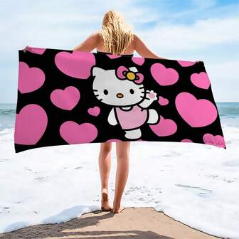  250gsm Super Absorbent & Quick Dry Microfiber Sanrio Hello Kitty & Kuromi Cartoon Character Printed Beach Towel, Suitable For Beach, Yoga Mat, Sunscreen Shawl, Travel, Camping, Swimming, Picnic, 27.6"X55.1" Or 35.4"X70.9" Size