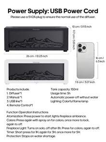 kinscoter 1pc 150ml USB Powered Ultrasonic Fireplace Aroma Diffuser With LED Light & Remote Control, Creative Humidifier For Home Office Gift