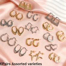 6 أزواج/الكمية أقراط أنيقة للنساء ذات تصميم هندسي وقلب، من الفولاذ المقاوم للصدأ، إكسسوارات مجوهرات يومية وحفلات، هدايا للأصدقاء