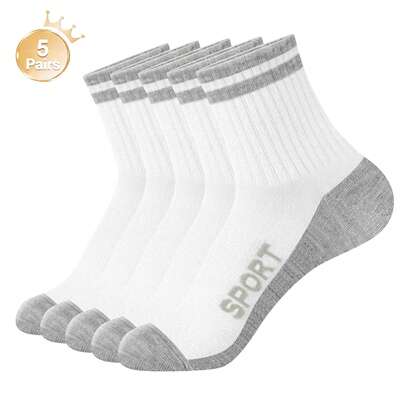 5 Pairs Men's Solid Color Mid-Calf Socks, Comfortable Breathable Soft, Letter Print Ankle Socks, Work Socks, Gym Socks