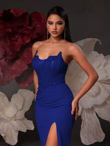 VIPGIRL Red Sequin Patchwork High Slit Elegant Sexy Women's Formal Evening Gown - Royal Blue - View 3