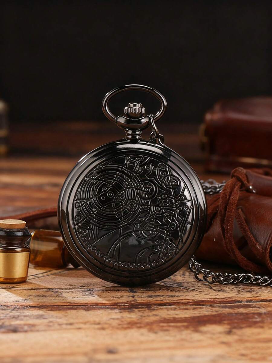 Steampunk Plain Pocket Watch, Black Quartz Necklace Pocket Watches Chain For Men And Women, Birthday, Wedding And Anniversary Gifts - A - View 1