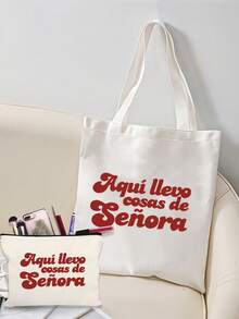 男女通用手提袋套装，包括单肩包和化妆包，简约学院风，印有英文字母，帆布材质，便携购物袋，米色购物袋，白色文具袋，可折叠耐用印花手提袋，妈妈包，健身包，大容量，适合通勤、上学和大学使用，适合作为送给老师、同学、妻子和家人的礼物，圣诞节，感恩节礼物。 - 彩色 - 查看 5