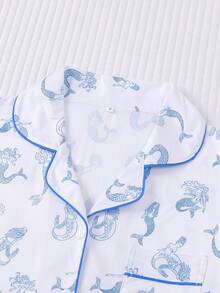 Bộ đồ ngủ nữ 2 món mùa xuân/hè, họa tiết nàng tiên cá dễ thương, áo tay ngắn cổ bẻ thoải mái và quần short cạp chun, thích hợp cho các bữa tiệc, hoạt động ngoài trời và mặc ở nhà. - Màu xanh lam - Xem 5