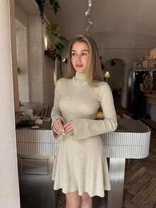 Vuslat Women's Knitted Fleece Underarm Striped Elegant Commuter Mini Dress With Stand Collar, Long Sleeve, A-Line, Suitable For Valentine's Day, New Year Party, Gathering, Office Daily Wear, Outerwear Dress - Apricot - View 9