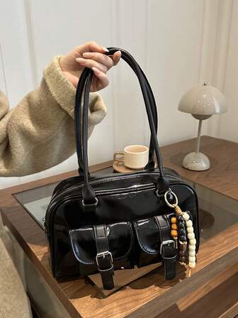 Bolso de bolos de estilo coreano informal, bolso de mano multibolsillo, bolso de mano para ir al trabajo, bolso de hombro, bolso de gran capacidad tipo Boston con colgante