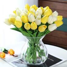 15pcs/20pcs High End PU Yellow Simulated Tulip Bouquet For Home Living Room Photography, Decoration, Biomimetic Artificial Flowers, Dry Flower Arrangement - White Yellow - View 3