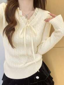 Women's Spring Patchwork 2-In-1 Cable Knit Sweater Red Pullover - Apricot - View 3