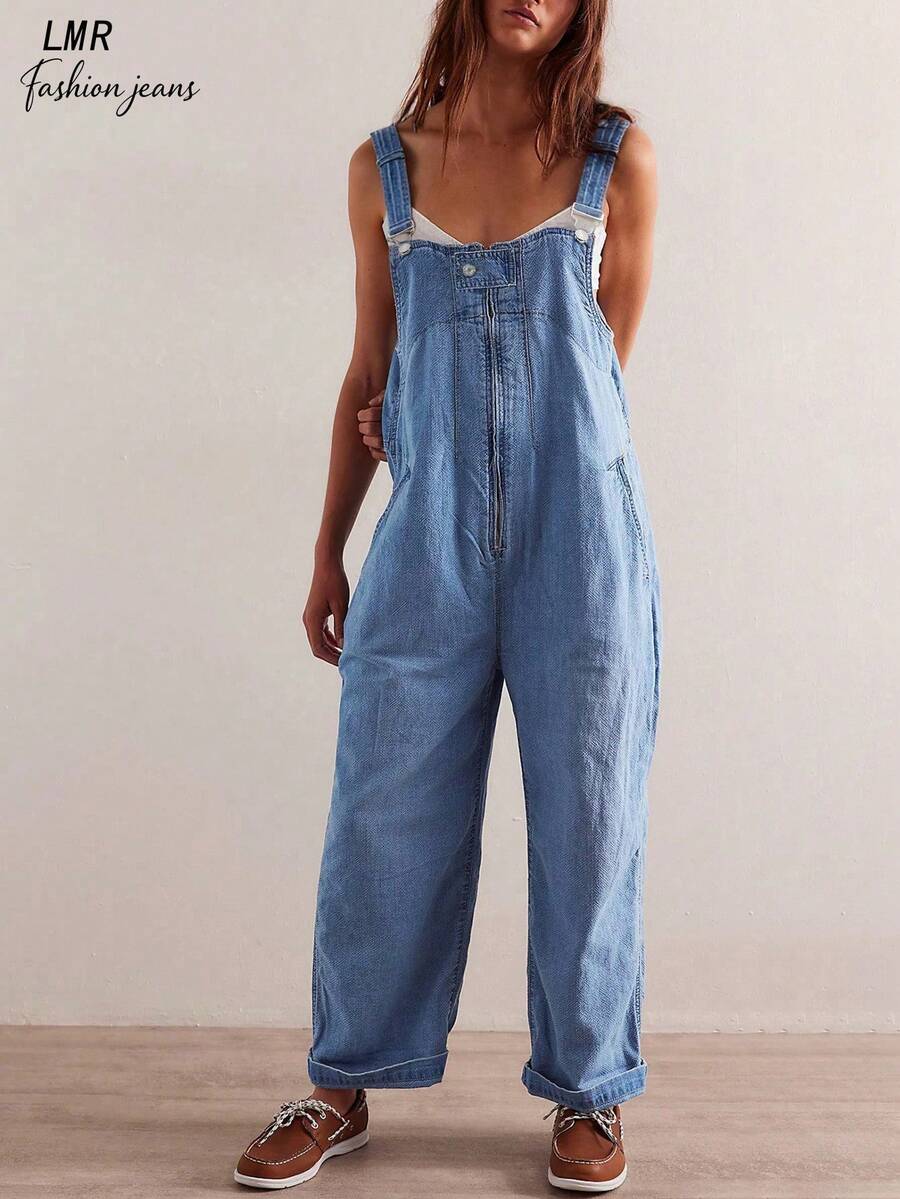 女士水洗牛仔连体裤 宽松复古休闲阔腿连体裤 可调节肩带 夏季日常外出百搭单品 - 淺色水洗藍 - 查看 1