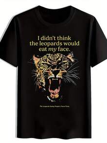 Cheetah Head Print T-Shirt, Summer, Short Sleeve Crew Neck T-Shirt, Casual Everyday Wear, Men's Clothing - 黑色 - 查看 1