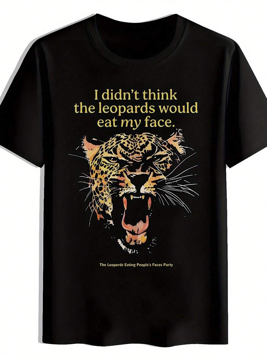 Cheetah Head Print T-Shirt, Summer, Short Sleeve Crew Neck T-Shirt, Casual Everyday Wear, Men's Clothing - 黑色 - 查看 1