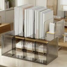 1个桌面收纳架透明亚克力书挡文件书架，适用于办公室和学生，用于存放书籍，保持桌面整洁。