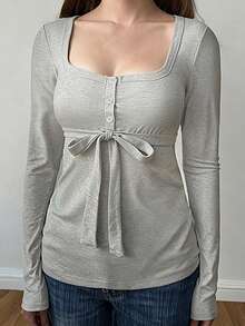 Sunshine Girl Style Christmas Autumn Outfit, Y2K Pure Desire Aesthetic, Waist Bow Design Long Sleeve Knit Sweater Top - Grey - View 1