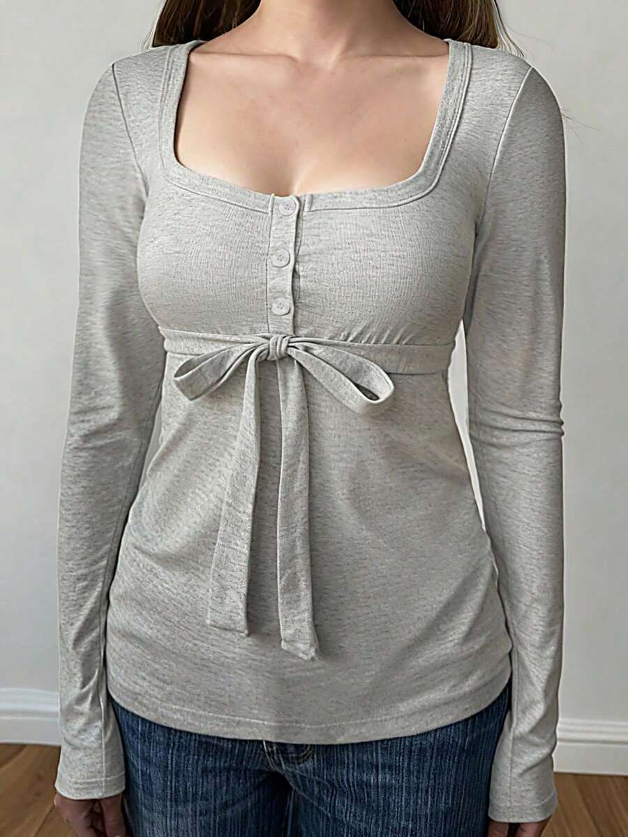 Sunshine Girl Style Christmas Autumn Outfit, Y2K Pure Desire Aesthetic, Waist Bow Design Long Sleeve Knit Sweater Top - Grey - View 1