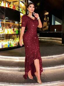 CHOSMO New Style Solid Color Shiny Elegant Sequin Embellished Front Short Back Long Open Back Women's Dress, Suitable For Evening Date, Wedding, Party, Anniversary, Holiday, Formal Dinner, Photoshoot, Wedding Guest, Graduation, Prom, Stage Performance And Concert, Valentine's Day - Burgundy - View 4