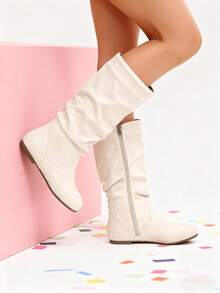 2025 New Women's Solid-Color Fashion Boots: Minimalist Round Toe, Flat Heel & Side-Zip Design-Versatile Mid-Calf & Ankle Styles For Casual Wear - 米色 - 查看 3