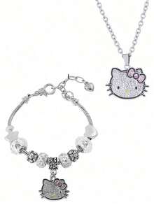 2 Pieces Set, Necklace+Bracelet Set, Cute Cartoon Themed Jewelry Set For Hello Kitty, Zinc Alloy Bracelet Set With Sparkling Crystals, Fashionable Accessory, Including Necklace And Bracelet, Suitable For Daily Wear And Gift Giving, Perfect For Valentine's Day