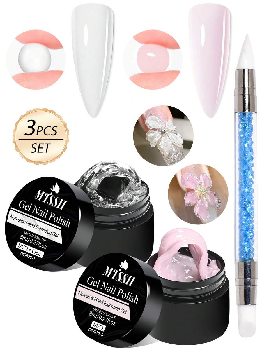 Mtssii 3pcs/Set 8ml Clear White Pink Non Stick Hand Extension Gel Nail Polish For 3D Shaping Nail Art Solid Milky Jelly Hard Gel For Fake Nail Carving Flower Nail Art Acrylic Gel Varnish Rhinestone Glue Gel Easy To Operate Manicure For Home And Slaon