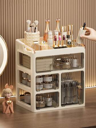 1 pieza Caja y gabinete de almacenamiento de cosméticos, caja de almacenamiento de cosméticos de gran capacidad, adecuada para tocador, mesa, baño y almacenamiento de papelería en el aula, soporte para brochas de maquillaje y productos de maquillaje para adolescentes