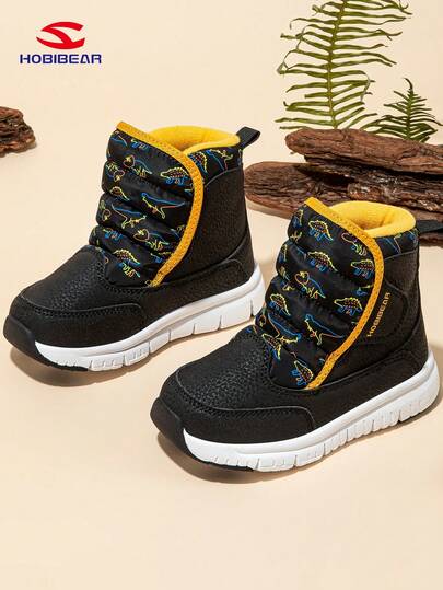 HOBIBEAR 1 par de botas de nieve para niños, botas de invierno antideslizantes y cálidas para niños pequeños, botas con forro de peluche y diseño de dinosaurio, adecuadas para el invierno, color negro