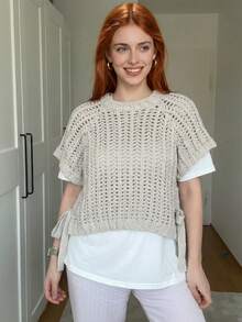 Pullover Knit Cropped Women's Sweater Tops Summer Female Crop Knitwears Short -Sleeved Elegant Knitted Top Fashion Ladies Sweater Autumn Outfits Women Winter Tops - Grey - View 5