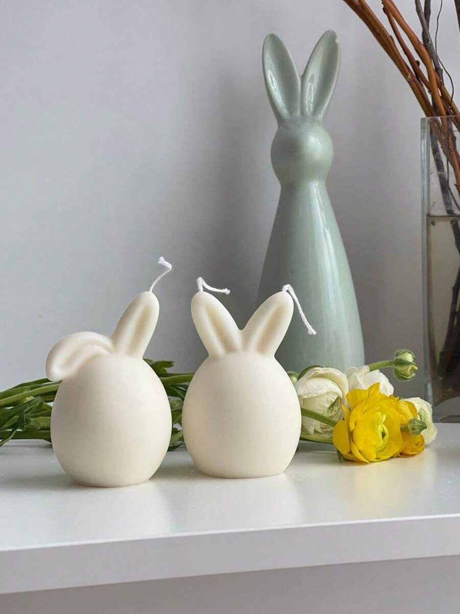 1个/2个直耳/折耳兔子蛋硅胶模具,DIY简易可爱兔子香薰蜡烛模具,节日家居装饰/礼品摆件环氧树脂模具,手工铸造模具,复活节艺术摆件石膏模具 - 白色 - 查看 1