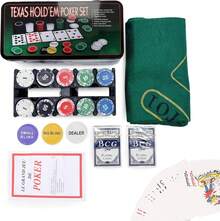 Vicyol S&D Juego de mesa Póker Texas Hold'em. Set completo con 200 fichas, 2 barajas, botón de dealer, fichas de ciega grande y pequeña, tapete, caja de metal - Multicolor - Ver 1