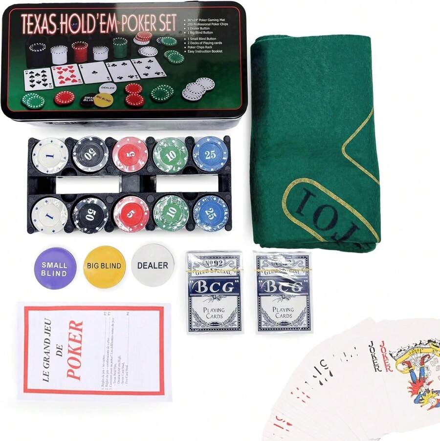 Vicyol S&D Juego de mesa Póker Texas Hold'em. Set completo con 200 fichas, 2 barajas, botón de dealer, fichas de ciega grande y pequeña, tapete, caja de metal - Multicolor - Ver 1