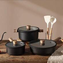 1 Juego de Baterías de Cocina de Titanio Antiadherente de Alta Calidad en Negro, Incluye Olla Antiadherente, Sartén, Olla de Sopa, Sartén Plana con Tapas Transparentes - Libre de PFOA. Apto para Cocina de Inducción, Compatible con Todas las Estufas.