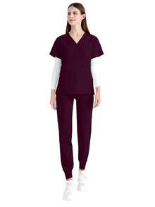 女士工作制服套装 - V领上衣和运动裤，带拉链侧袋，抗起球透气工作服