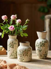 1pc/3pcs Handmade Vintage Garden Style Ceramic Vase, Crackle Glaze Design, White Base With Green Floral Pattern, Suitable For Indoor, Living Room, Kitchen, Tabletop, Windowsill, Dining Table Decor, Can Hold Fresh/Dried Flowers, Ideal Gift For Boyfriend/Girlfriend, Graduation, Ramadan, Holidays, Ramadan Decoration, Ramadan Blessings - Multicolor - View 5