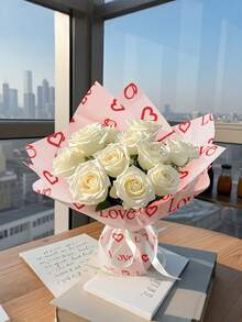 20张粉色心形图案防水鲜花包装纸，22.4 x 22.4英寸，适用于婚礼、生日、情人节礼物、DIY工艺品包装和花卉用品 - 彩色 - 查看 2