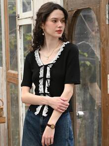 Simple Retro Women's Short Sleeve Cardigan With A Laced Front And Contrasting Ruffle Detail - Black - View 5