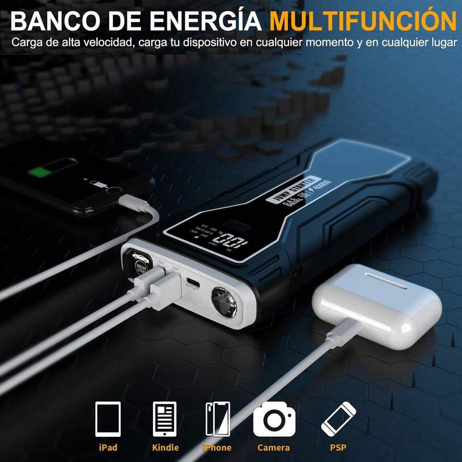 4000A 28000mAh Arrancador de Coches,Arrancador Portátil de Batería de Coche,Batería de Arranque para Coche con Cable de Puente de  Inteligente Pantalla Digital Carga Rápida USB y Linterna - 1 - Ver 1