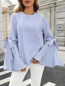 Women's Striped Fabric Bow Flared Sleeve Ruffle Hem Elegant Casual Blouse, Suitable For Travel, Daily, Office, Teacher - Blue - View 7