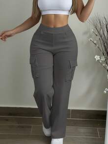 Plus Size Women Casual Fashion Versatile Cargo Pants - Dark Grey - View 2