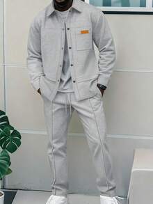 2pcs Men's Casual Patchwork Contrast Color Pocket Turndown Collar Long Sleeve Shirt + Long Pants Set, Lightweight Casual Sports Vacation Outfit, Spring/Autumn - 灰色 - 查看 1