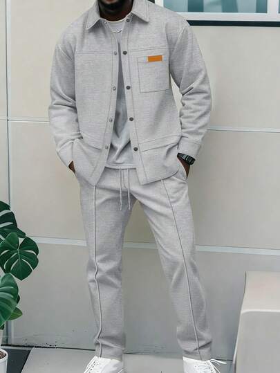 2pcs Men's Casual Patchwork Contrast Color Pocket Turndown Collar Long Sleeve Shirt + Long Pants Set, Lightweight Casual Sports Vacation Outfit, Spring/Autumn