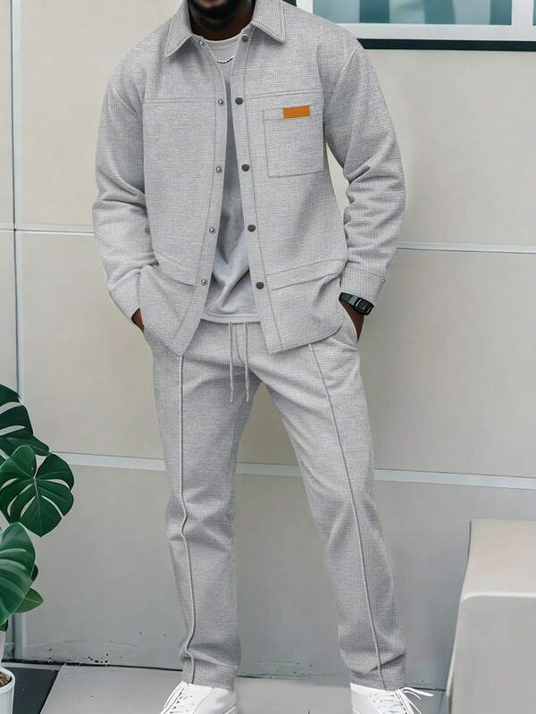 男士休闲拼接撞色口袋翻领长袖衬衫+长裤套装（2件套），轻便休闲运动度假装，春秋季