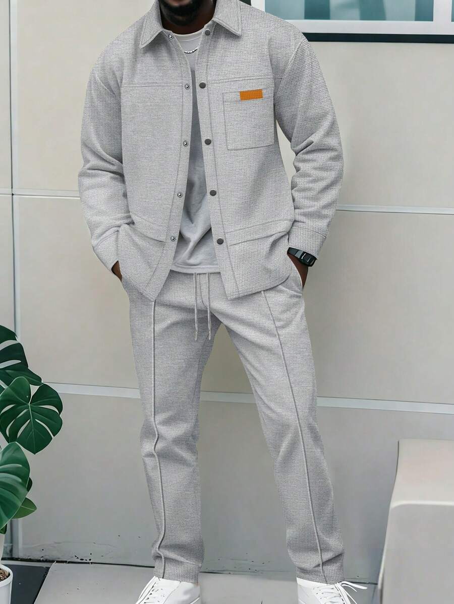 2pcs Men's Casual Patchwork Contrast Color Pocket Turndown Collar Long Sleeve Shirt + Long Pants Set, Lightweight Casual Sports Vacation Outfit, Spring/Autumn - 灰色 - 查看 1