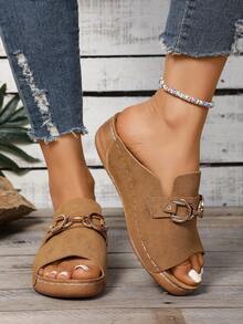 New Beige Suede Mule Slippers For Women, Metal Buckle Decor, Rhinestone Wedge Thick Sole, Comfortable Daily & Beach Wear Sandals - Brown - View 5