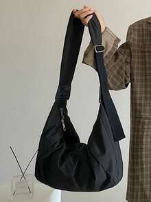 حقيبة كانفاس سعة كبيرة بحزام عريض، حقيبة كروس بودي للنساء، تصميم نيش مطوي على شكل كيس دمبلينج، حقيبة كتف، حقيبة تسوق نايلون مطوية خفيفة الوزن وحقيبة كروس بودي، مقترنة بتصميم كيس الدمبلينج - حقيبة يد بسحاب إغلاق بلون واحد، مناسبة للاستخدام اليومي والسفر