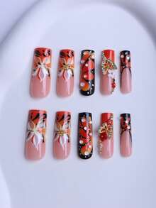 24 piezas de esmalte de uñas acrílico cuadrado, elegante y lujoso francés, con diseños en relieve de flores naranjas tridimensionales degradadas, mariposas doradas tridimensionales multicolor, gotas de agua retro naranjas, flores y mariposas, decoración con cuentas doradas, de tipo presionado y larga duración, productos de arte de uñas adecuados para uso diario, al aire libre, fiestas y celebraciones de las niñas y las damas