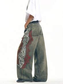 1pc Hong Kong Style High Street 3D Embroidered Floral Fashion Versatile Men's Washed Loose Wide Leg Jeans (Product Does Not Include Belt And Accessories) - Blue - View 2