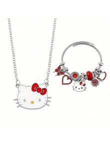 2 Sets [Bracelet + Necklace] Party Gift, Sanrio [Licensed] Cute Hello Kitty Pendant Necklace & Bracelet Set, Cartoon Animal Alloy Jewelry Decorated With Pink Stars, Bow, Heart-Shaped Keychain, Suitable For Daily Wear And Gift-Giving - Non-Electroplated - Multicolor - View 11