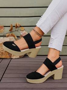 时尚优雅的弹力包头粗底露跟女士休闲坡跟凉鞋 - 黑色 - 查看 3