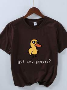 女童卡通鸭子标语印花短袖T恤，女童夏季圆领上衣/衬衫 - 棕色 - 查看 2