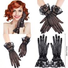 SATINIOR Women Lace Gloves Elegant Short Lace Tea Party Gloves For Women Wedding Dinner Party - 寶藍色 - 查看 7