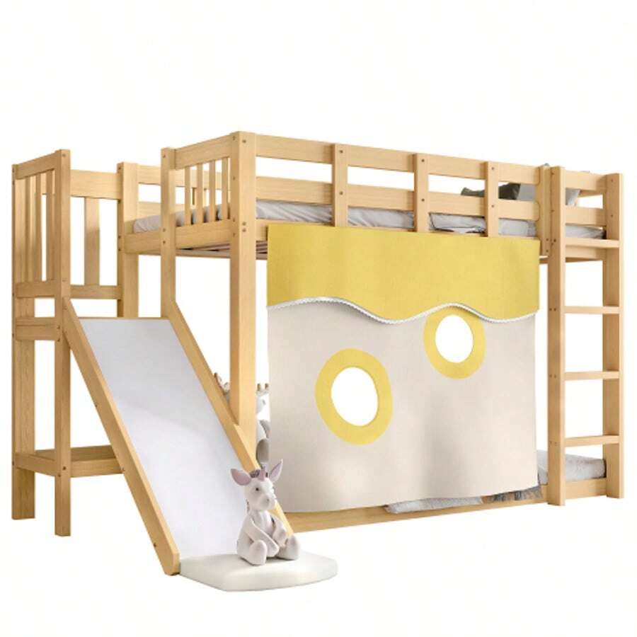 Wooden Bunk Bed With Ladder And Railing, With Curtain, Slide, Children's Bed With Fall Protection And Railing, MDF+Pine, White, 90x200cm - 自然色 - 查看 1