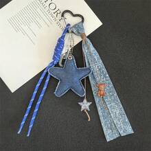 1pc Denim Style Heart & Star Woven Lanyard Keychain, Ins Style Bag Charm - Multicolor - View 7